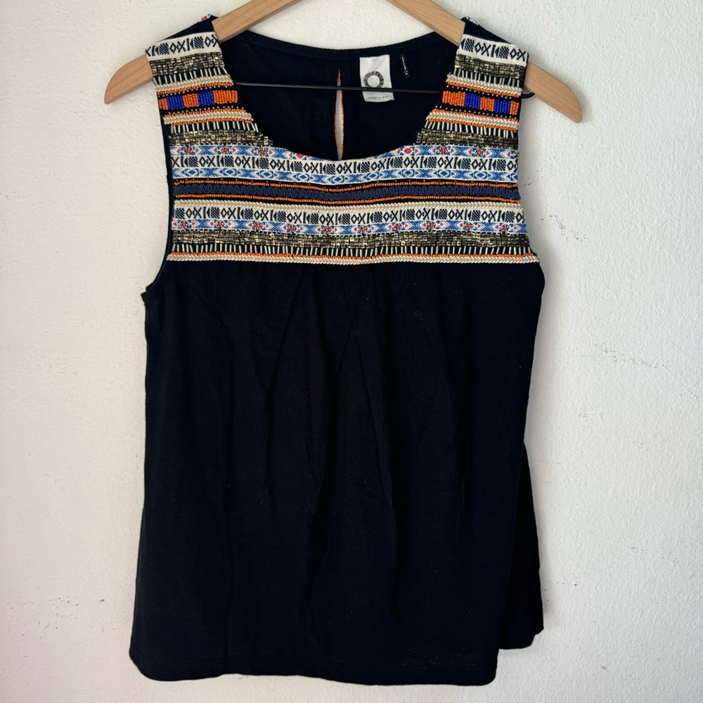 Anthropologie Black Embroidered Sleeveless Beaded Tank